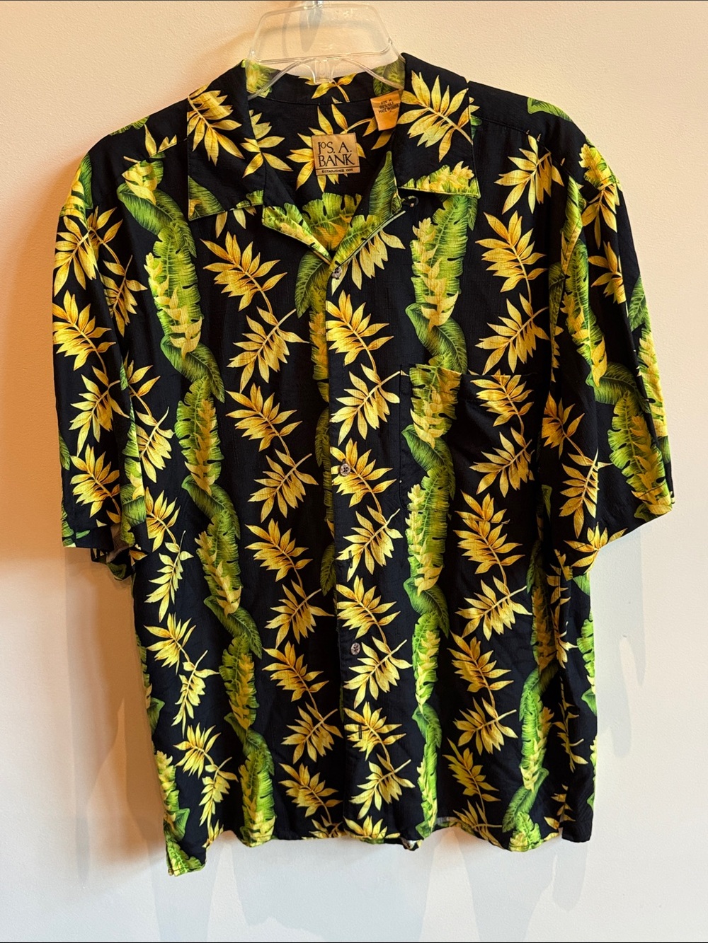 Jos. A. Bank Black Short-Sleeve Tropical Print Shirt with Yellow & Green Leaves